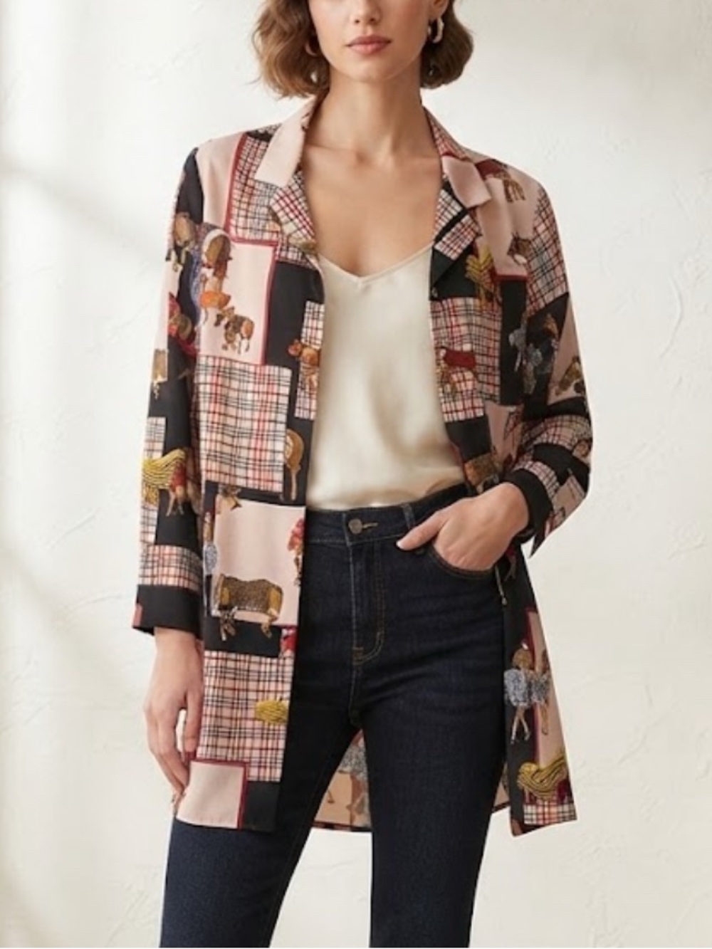Long Sleeve Horse Patchwork Print Open Front Blazer Long Cardigan Size Large